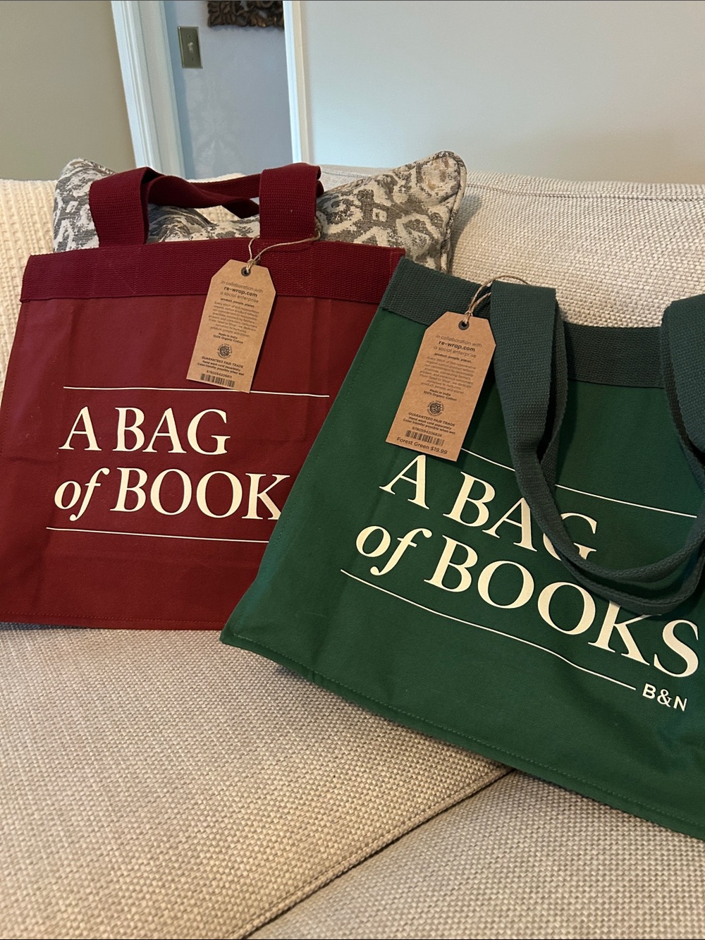 Set of Two (2) Totes - Green and Burgundy Canvas
